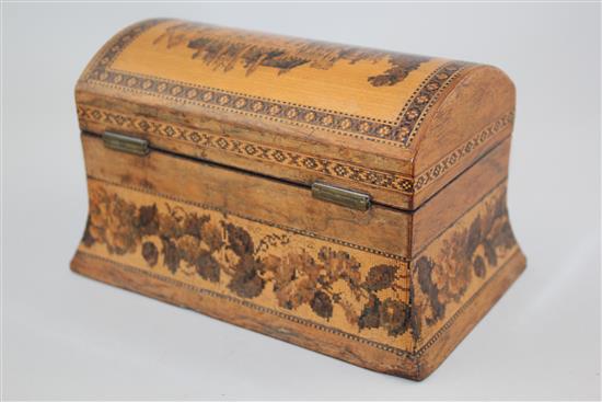 A Tunbridge ware birds eye maple Battle Abbey mosaic dome top tea caddy, 7in.